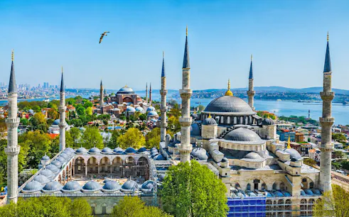 Hagia Sophia and Blue Mosque with Bosphorus view in Istanbul.