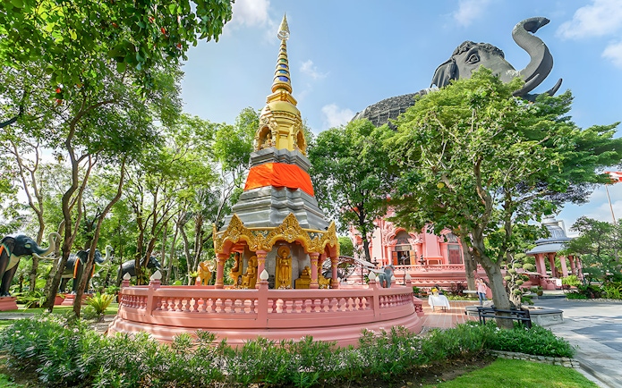Erawan Museum's three-headed elephant statue and ornate stupa in Bangkok's Ancient City.
