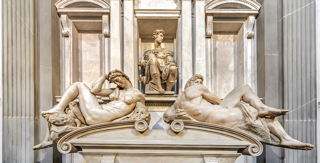 Tomb of Giuliano de Medici with sculptures Night and Day in Florence, Italy.