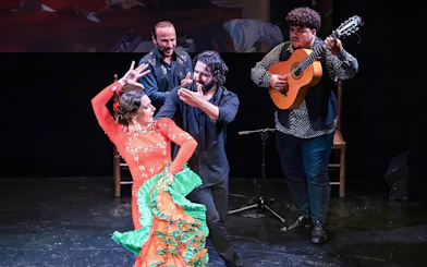 Flamenco dancers and guitarist performing at Teatro Flamenco Triana.