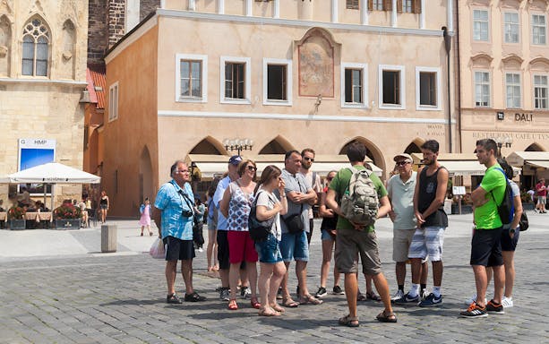 Tour group in Prague's Old Town Square during a walking tour.