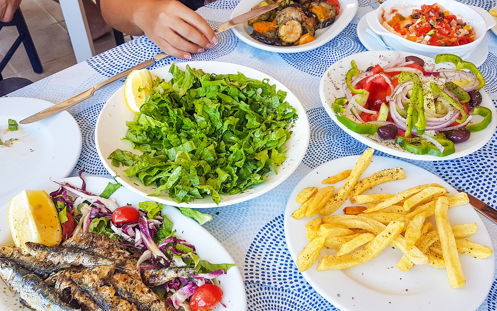 Lunch spread with grilled fish, salad, fries, and vegetables during Ancient Mycenae & Nafplion Premium Tour.
