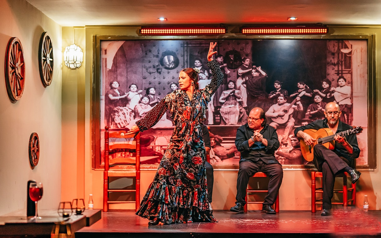 Flamenco dancer performing with musicians in a vibrant show, drink on table, Spain.