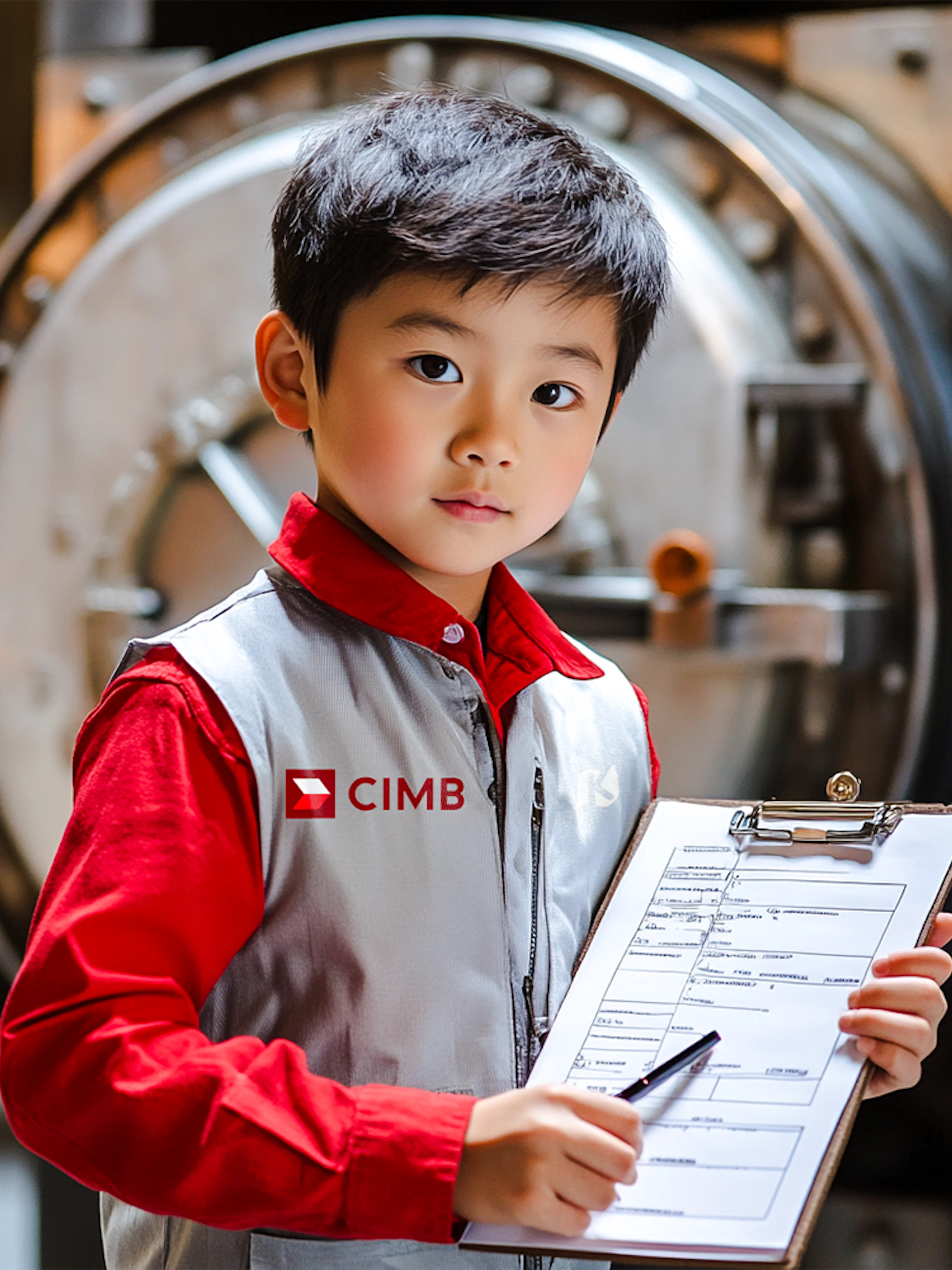 Child role-playing as a banker at KidZania Singapore with a clipboard in front of a vault.