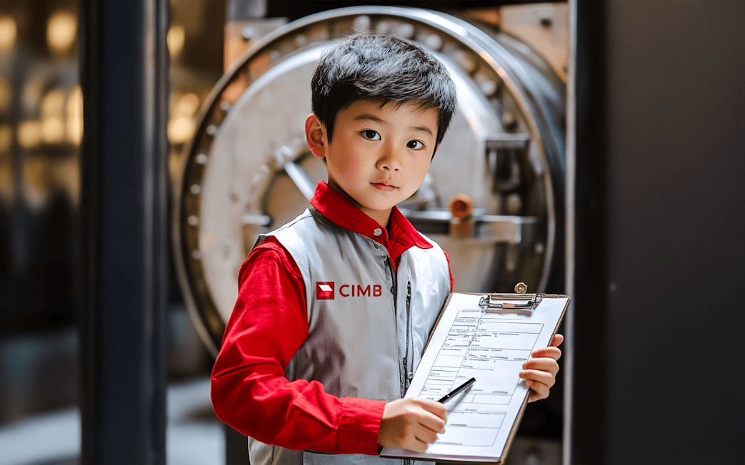 Child role-playing as a banker at KidZania Singapore with a clipboard in front of a vault.