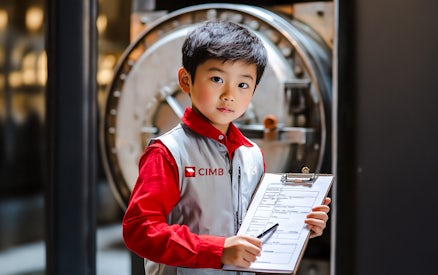 Child role-playing as a banker at KidZania Singapore with a clipboard in front of a vault.