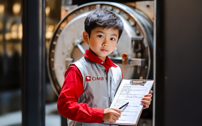 Child role-playing as a banker at KidZania Singapore with a clipboard in front of a vault.