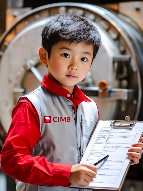 Child role-playing as a banker at KidZania Singapore with a clipboard in front of a vault.