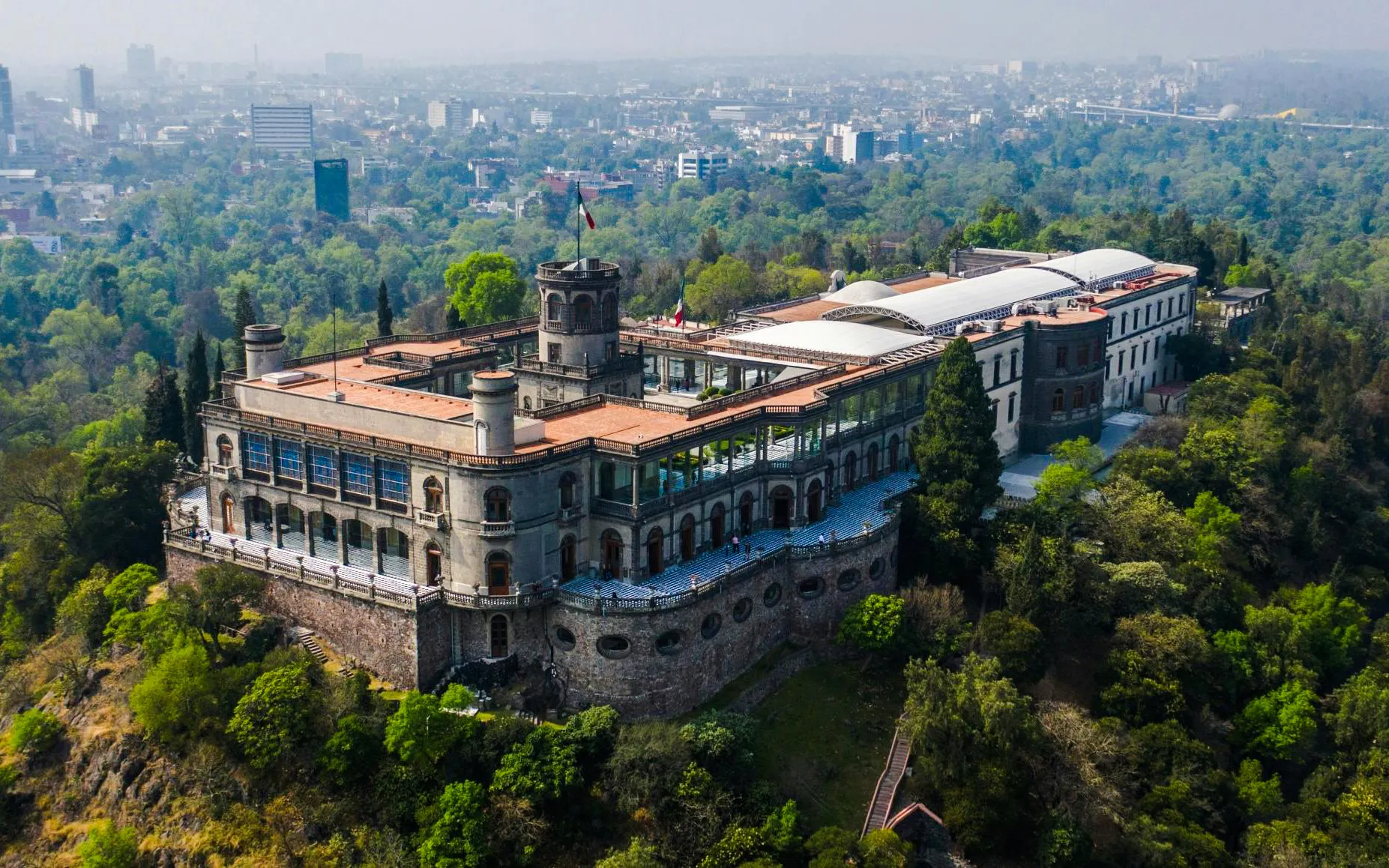 Aerial view of Chapultepec Castle on a hill in Chapultepec Park, Mexico City.