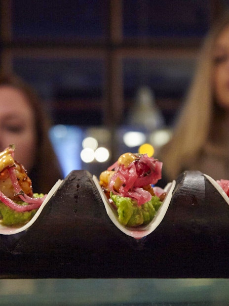 Tacos with pickled onions and avocado on the Eating London: Twilight Soho Food & Drinks Tour.