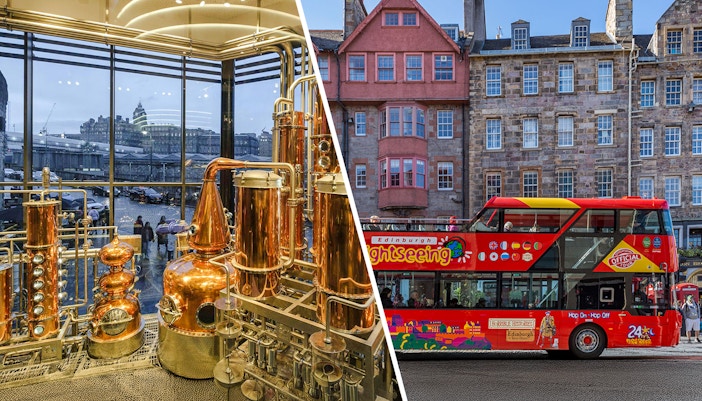 Edinburgh gin distillery with copper stills and city sightseeing bus on street.