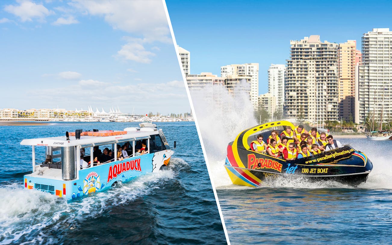 Aquaduck tour vehicle and Paradise Jet Boat on Gold Coast water.