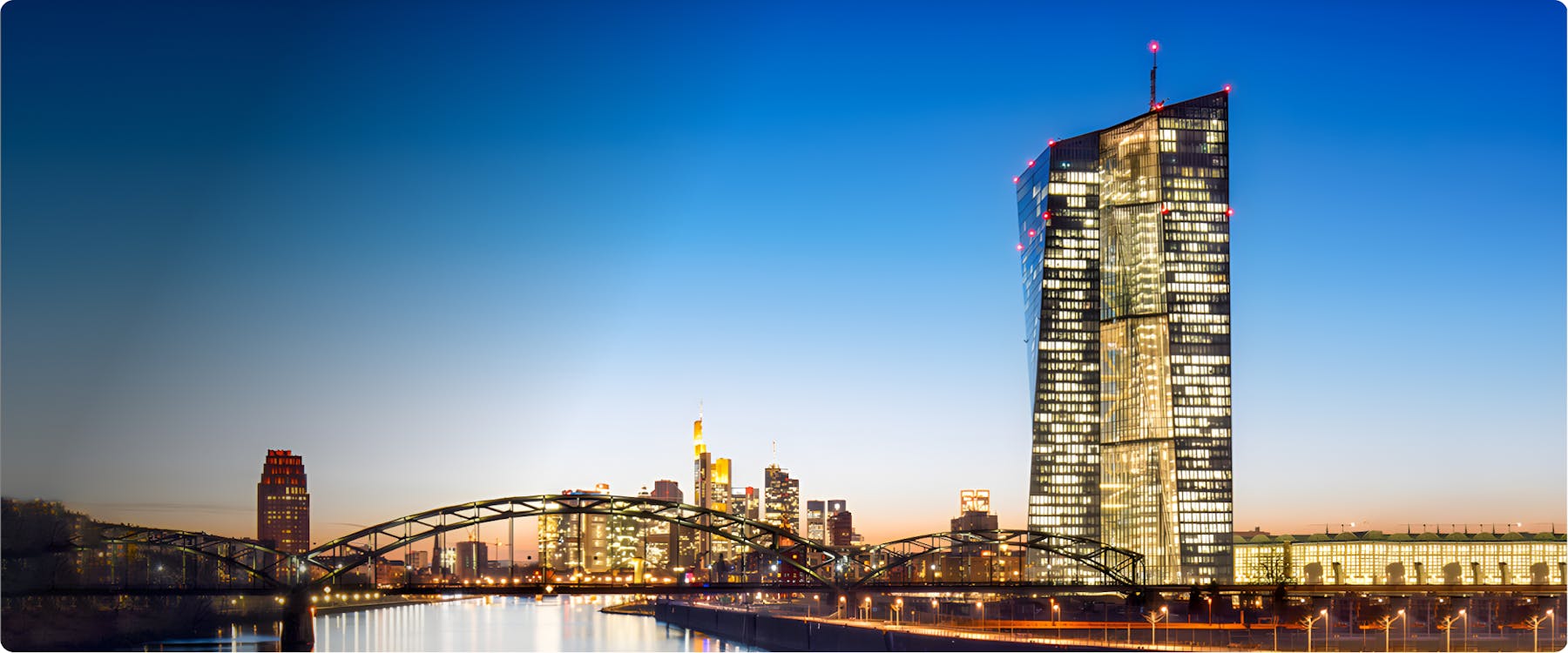 Frankfurt skyline with illuminated skyscrapers and bridge at dusk.