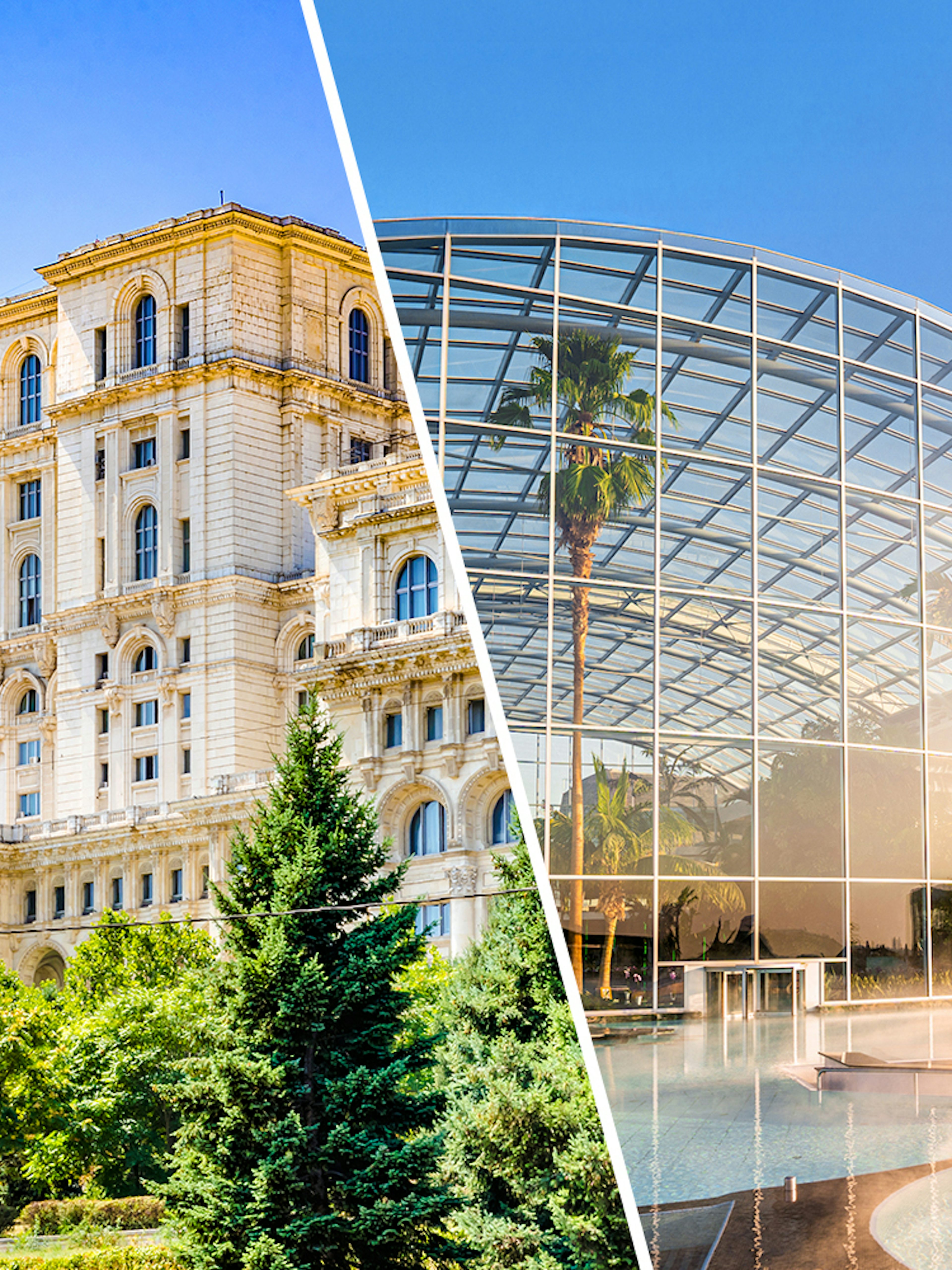 Palace of Parliament and Therme Bucuresti Spa exterior views, Bucharest.