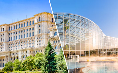 Palace of Parliament and Therme Bucuresti Spa exterior views, Bucharest.