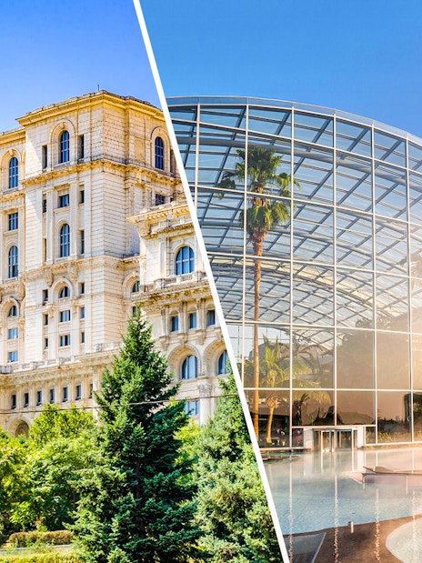 Palace of Parliament and Therme Bucuresti Spa exterior views, Bucharest.