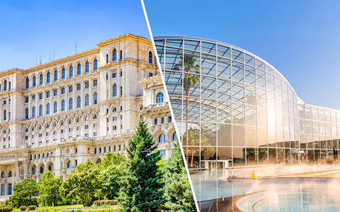 Palace of Parliament and Therme Bucuresti Spa exterior views, Bucharest.