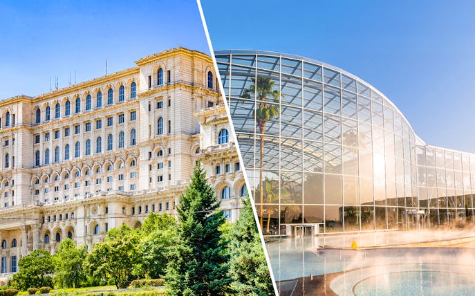Palace of Parliament and Therme Bucuresti Spa exterior views, Bucharest.