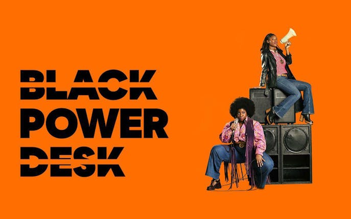 Two people with microphones and speakers, representing Black Power Desk.