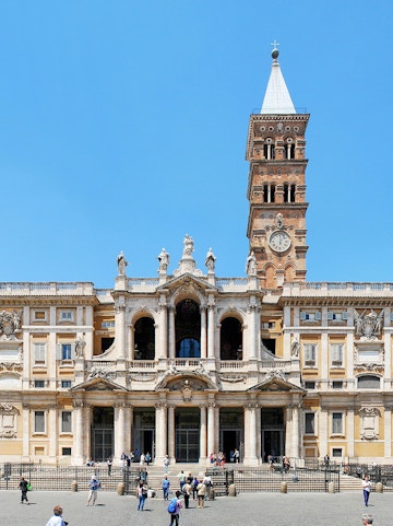 Basilica Santa Maria Maggiore facade with bell tower in Rome, Italy.