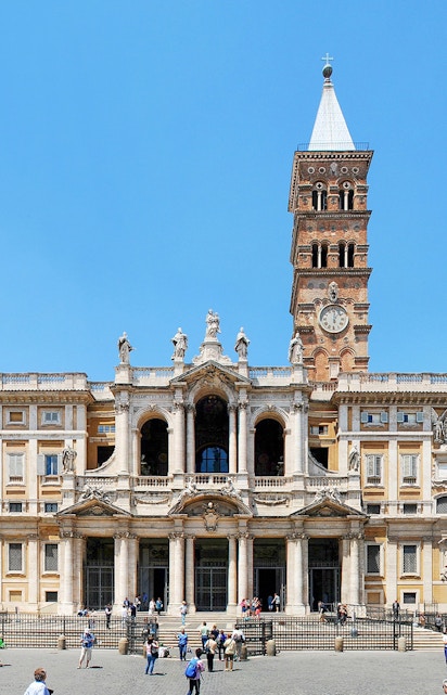 Basilica Santa Maria Maggiore facade with bell tower in Rome, Italy.