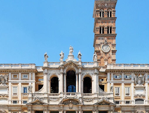 Basilica Santa Maria Maggiore facade with bell tower in Rome, Italy.