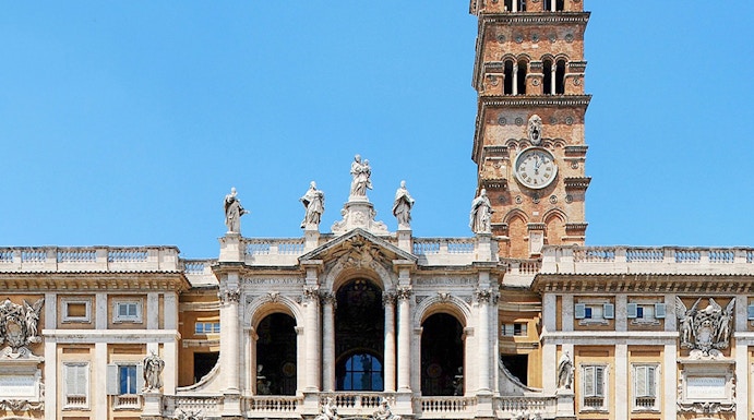 Basilica Santa Maria Maggiore facade with bell tower in Rome, Italy.