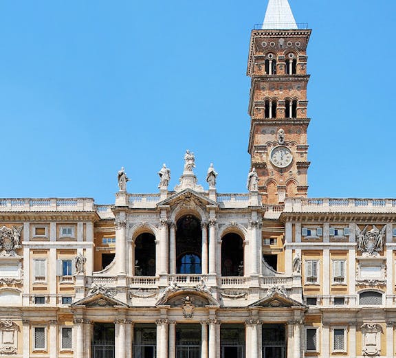 Basilica Santa Maria Maggiore facade with bell tower in Rome, Italy.
