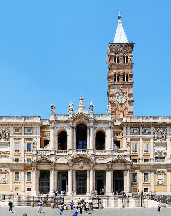 Basilica Santa Maria Maggiore facade with bell tower in Rome, Italy.