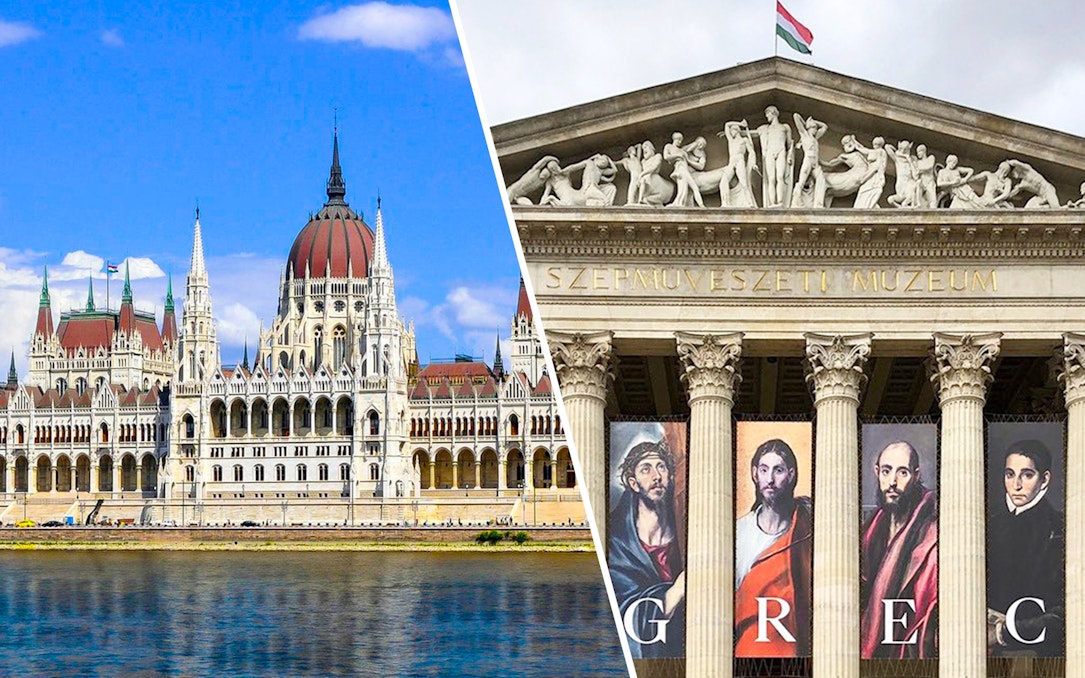 Hungarian Parliament and Museum of Fine Arts facade in Budapest.