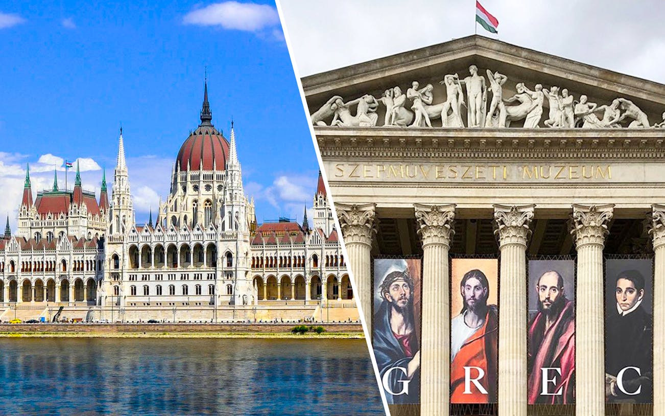 Hungarian Parliament and Museum of Fine Arts facade in Budapest.