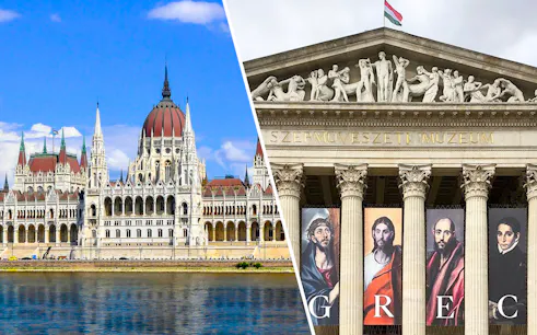 Hungarian Parliament and Museum of Fine Arts facade in Budapest.