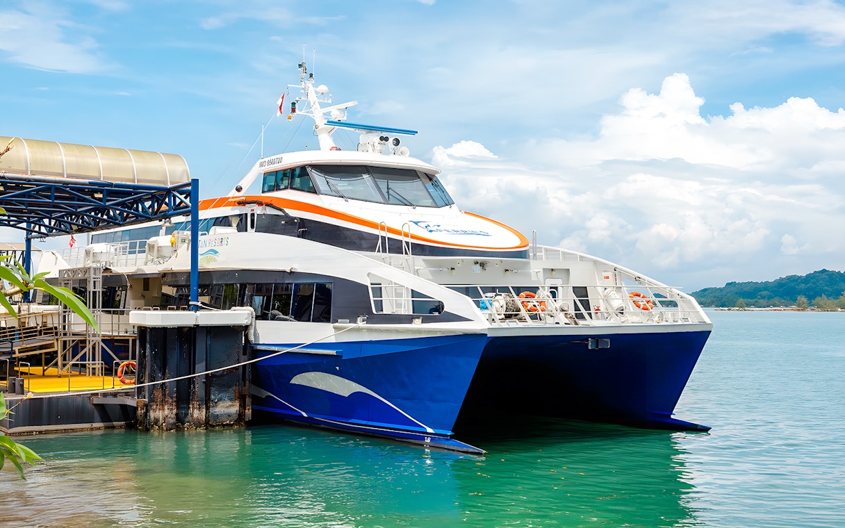 Ferry docked at terminal for Singapore to Bintan Resorts route.