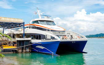 Ferry docked at terminal for Singapore to Bintan Resorts route.