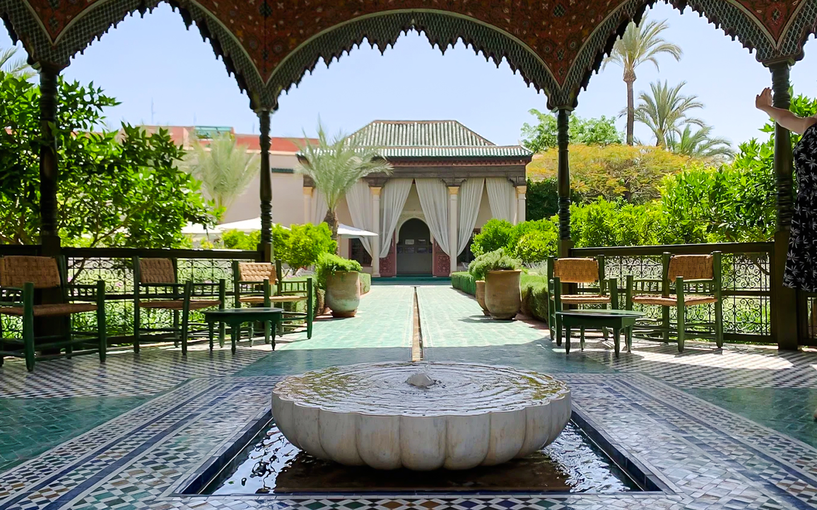 Fountain and garden view at Le Jardin Secret, Marrakech, Morocco.