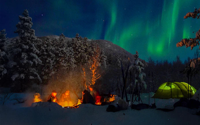Campfire gathering under Northern Lights during a Lappish barbecue in snowy forest.