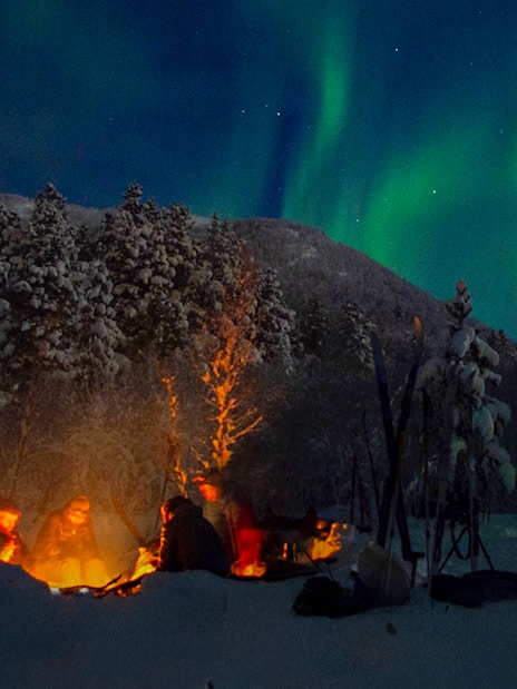 Campfire gathering under Northern Lights during a Lappish barbecue in snowy forest.