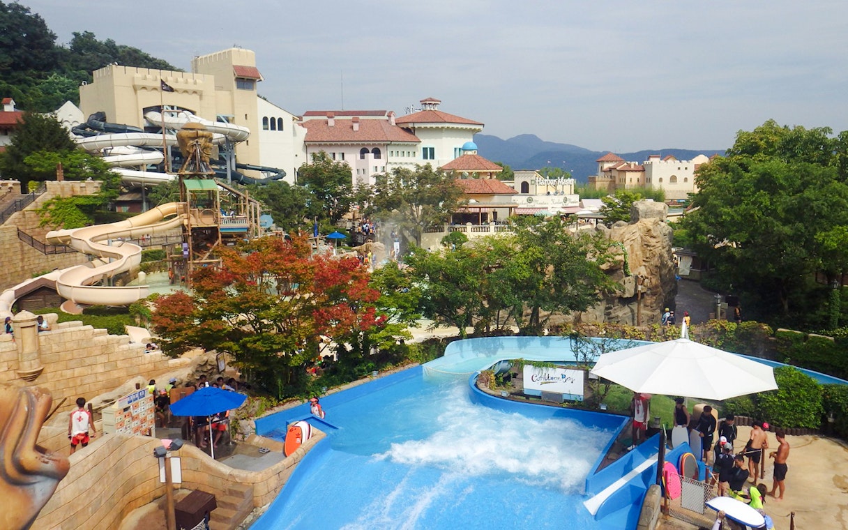 Aerial view of Caribbean Bay Water Park with slides and wave pool.