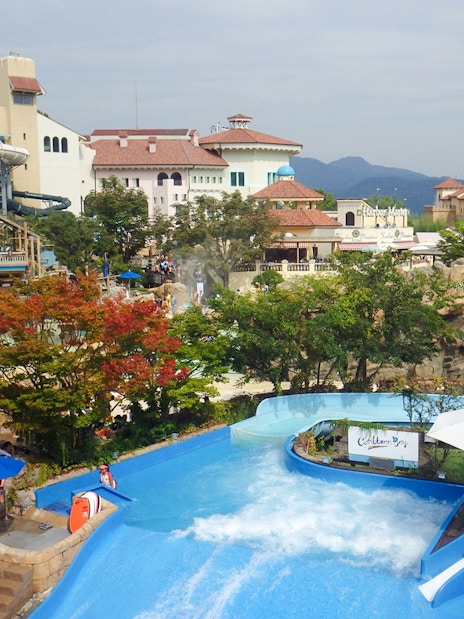 Aerial view of Caribbean Bay Water Park with slides and wave pool.