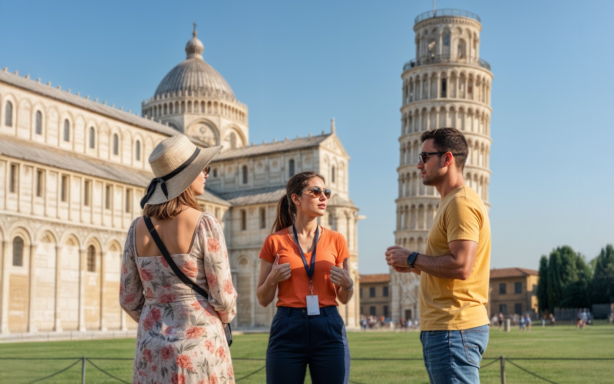 Guide talking to a couple in front of Pisa Cathedral and Leaning Tower, Italy.