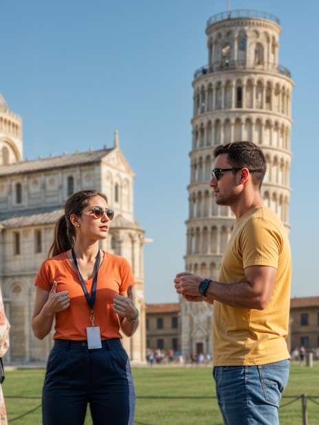 Guide talking to a couple in front of Pisa Cathedral and Leaning Tower, Italy.