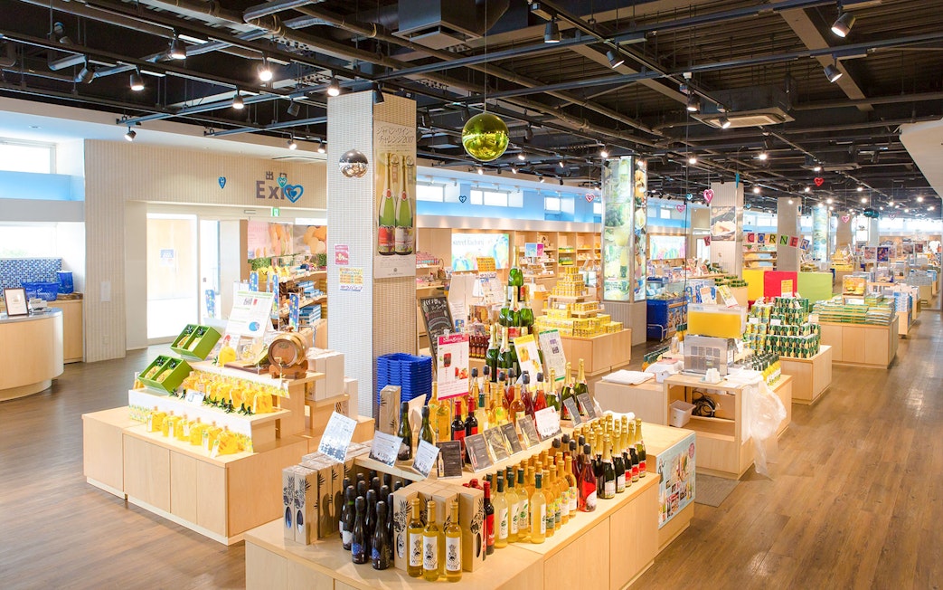 Gift shop at Hakone Kowakien Yunessun with local products and souvenirs on wooden shelves.