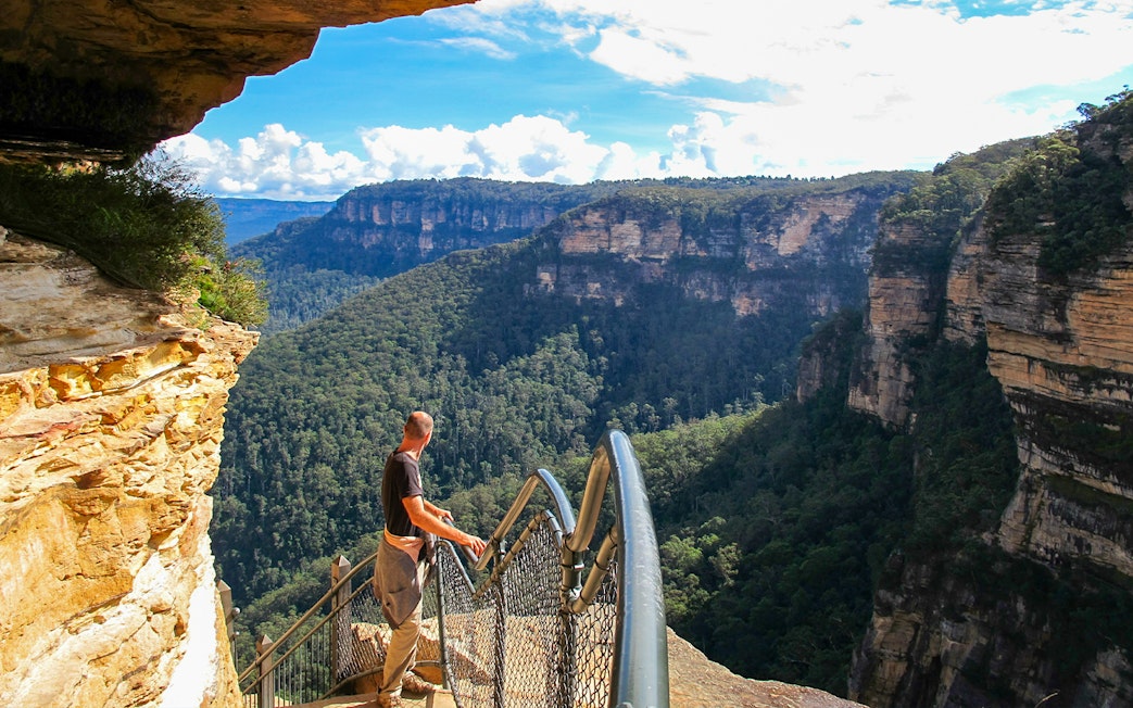 Person standing on lookout at Blue Mountains, Australia, overlooking forested cliffs.