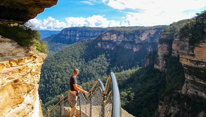 Person standing on lookout at Blue Mountains, Australia, overlooking forested cliffs.