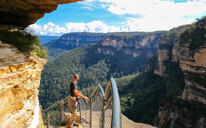Person standing on lookout at Blue Mountains, Australia, overlooking forested cliffs.