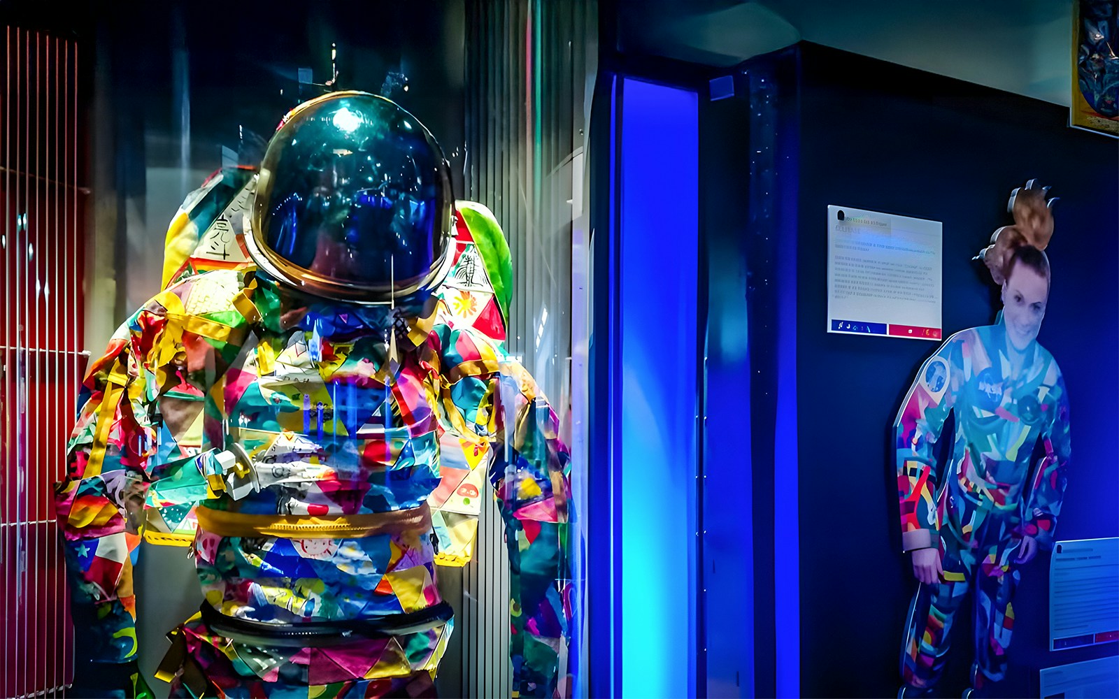 Spacesuits and astronaut apparel display at Houston Space Center exhibit.