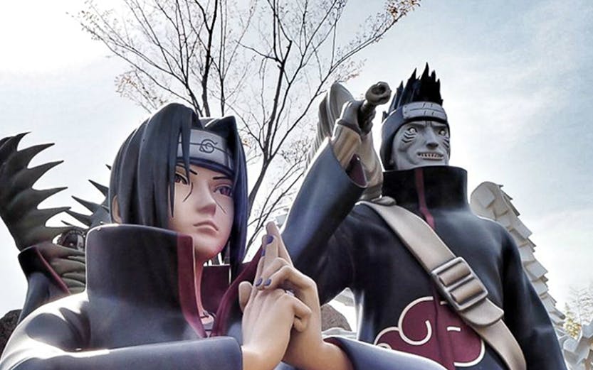 Statues of Naruto characters at Nijigen No Mori Theme Park, Japan.