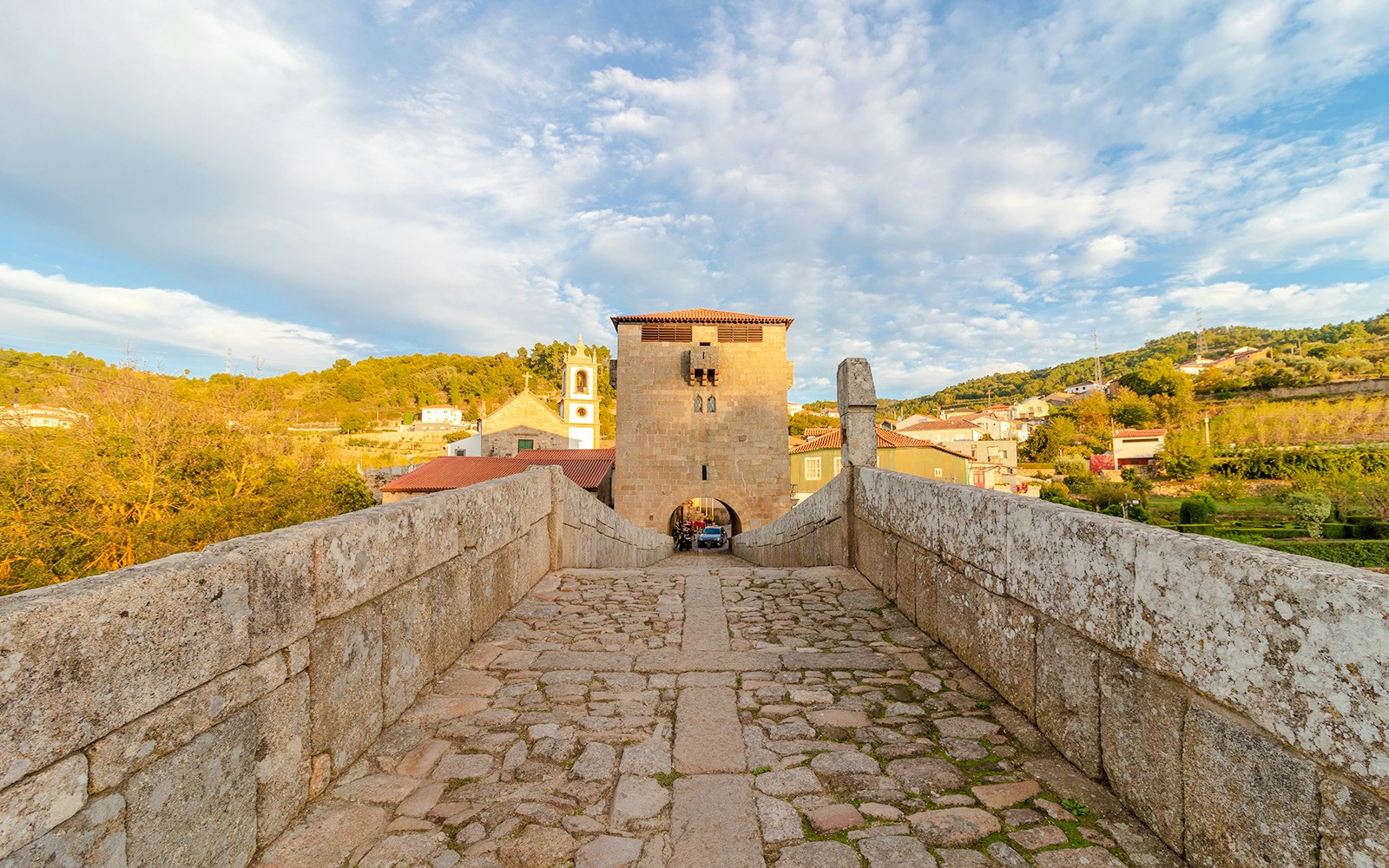 Fortified tower and stone bridge in Ucanha, Tarouca, Viseu, Portugal.