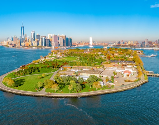 Aerial view of Governors Island with Manhattan skyline in the background, New York.