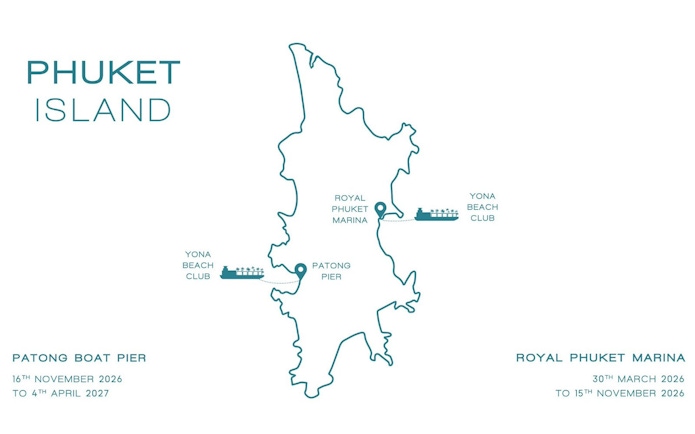 Map of Phuket Island showing Yona Beach Club, Patong Pier, and Royal Phuket Marina locations.